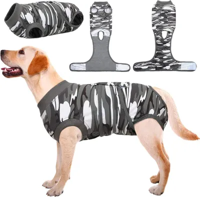 Produktbild von Atmungsaktiver Kuoser Hundebody Leckschutz Op Hündin Op Rüde XL Graue Tarnfarbe