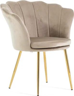 Produktbild von Samtstuhl SHELLY in Muschelform mit gepolsterter Sitzfläche und goldenen Metallbeinen, elegantes und raffiniertes Design –Beige/Gold