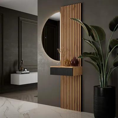 Produktbild von Planetmöbel AMYRA Garderoben Set 50 cm in Gold Eiche / Schwarz, NIVORA Spiegel & Akustikpaneel
