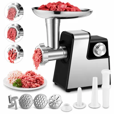 Produktbild von Elektrischer Fleischwolf, 2800W Wurstfüller mit Wurstfüllröhren und Kubbe-Set, Lebensmittelmühle mit Klinge und 3 Tellern für Zuhause und Küche,silber