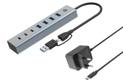 Produktbild von Conceptronic HUBBIES20GP 7-Port USB 3.2 Gen 1 Hub mit Netzteil, 5Gbps, USB-C x 3, USB-A x 4