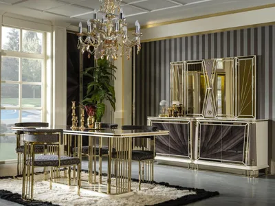 Produktbild von Esszimmer Set Gold 4x Stühle Esstisch Kommode Spiegel Design 7tlg.