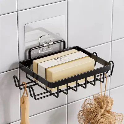 Image de Porte-savon en acier inoxydable pour douche, porte-savon mural sans perçage, porte-savon autocollant avec crochet, porte-savon pour salle de bain et cuisine (noir)