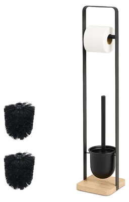 Image de Ensemble de salle de bains Relaxdays, H x l x P : 72,5 x 15 x 14,5 cm, acier et bambou, porte-papier sur pied, brosse de toilettes, noir/naturel