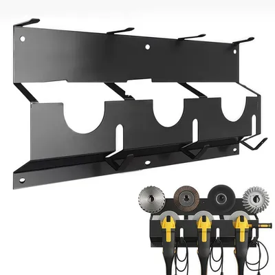 Produktbild von Winkelschleiferhalter, Winkelschleifer Halter, Winkelschleifer Halterung, mit befestigten 4 Haken zur Aufbewahrung von Scheiben und 3 Haken