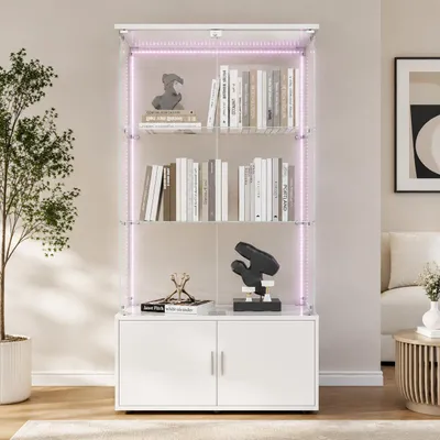 Productafbeelding van INONEFT Glazen vitrine met LED-verlichting, vitrinekast met dubbele deur en 4 etages, voorzien van slot, gemaakt van gehard glas, met verborgen opbergruimte, afmetingen 78x35x164 cm, wit met strepen, AI-gegenereerde afbeelding