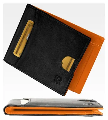 Produktbild von Herren Geldbörse aus Echtleder, Slim Wallet mit Münzfach und RFID, Portemonnaie für Karten und Münzen, 9 Kartenfächer, Schwarz/Orange