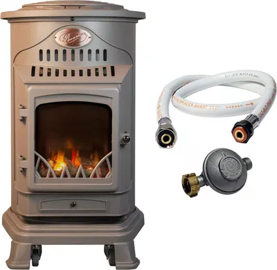 Image de Poele à gaz 3,4 KW MARRON Effet poêle à bois Fonte véritable + Tuyau gaz + détendeur butane Provence UNIVERSAL