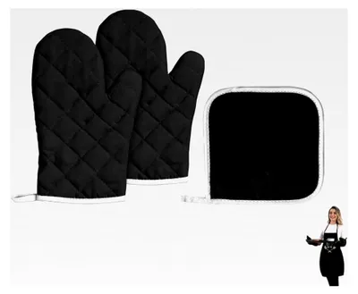 Produktbild von 2er Set Topfhandschuhe mit 1 Untersetzer - Hitzebeständige Ofenhandschuhe & Kochhandschuhe (Schwarz)