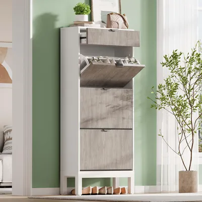 Obrázek produktu pro Úzká botník se 3 dvířky a 1 zásuvkou, s reliéfními frontami ve vlnitém vzoru, materiál: MDF + překližka, barva: bílá + šedá