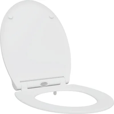 A white toilet seat is shown from a slightly elevated side angle, with the lid open.