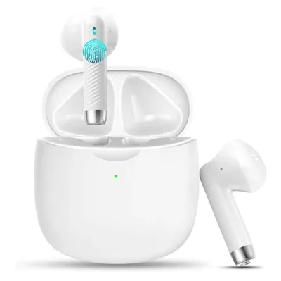 A pair of white wireless earbuds with their charging case, with one earbud outside the case.