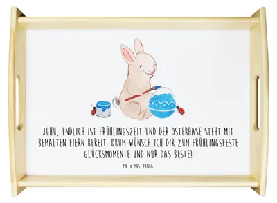 Produktbild von Mr. & Mrs. Panda Deko Tablett Hase Marienkäfer - Weiß - Geschenk, Osterhase, Frühling, Holztablett, Picknicken, Ostergrüße, serviertablett holz, sofatablett, Sofa, Ostern