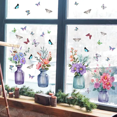 Image de Solidchoice - Autocollants réutilisables pour fenêtres, avec des motifs de fleurs et de papillons