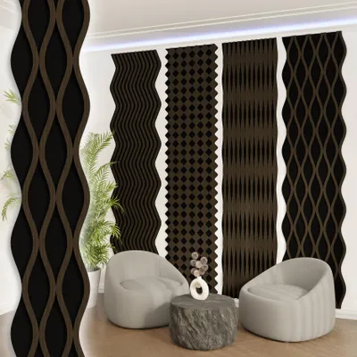 Produktbild von AKUSTIKO Akustikpaneele Shaped 8 Stück 280x35cm Holz MDF - XXL Wandpaneele Platten Lamellen Holzpaneele Echtholzfurnier 21mm Filz Schalldämmung MDF Schwarz (7,84m² Wave)