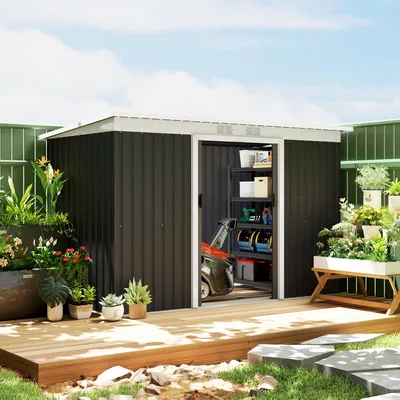 Image de Abri de jardin, abri pour outils de jardin en acier avec porte coulissante, fenêtre d'aération, toit en appentis, armoire de jardin, 280 x 130 x 172 cm, gris foncé