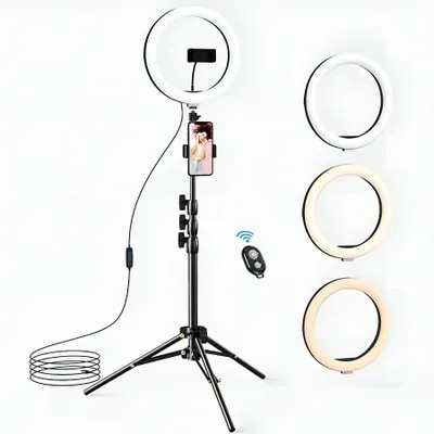 Image de ZELURXX : anneau lumineux LED 10 pouces avec trépied, télécommande Bluetooth, support pour smartphone, éclairage d'appoint, anneau lumineux, pour selfies, photographie, streaming, diffusion en direct