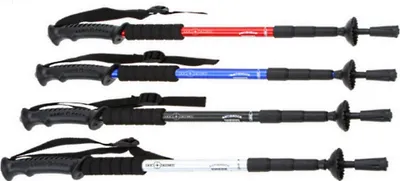 Produktbild von Nordic Walking Stöcke verstellbar mit Teleskop und Antishock-Federung. Länge von 64cm bis 135cm verstellbar. Ergonomische Handgriffe. Sehr leichte und stabile Aluminiumlegierung Antischockfederung Gummipuffer Schutzkappe Wanderstöcke Trekkingstöcke Farben: Silber, Rot, Blau oder Schwarz