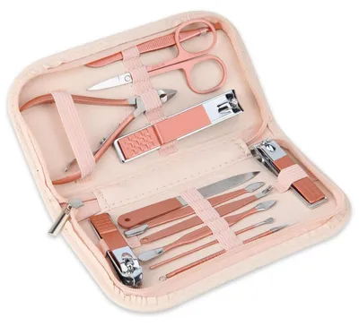Image de Kit de manucure 12 en 1, rouge or, en acier inoxydable Martensitique, avec étui en cuir rose
