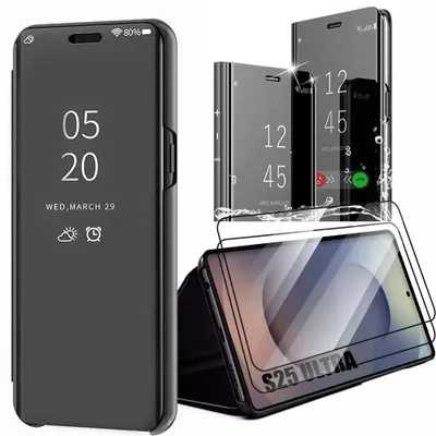 Image de Coque + 2 Verres Trempés pour Samsung Galaxy S25 Ultra, Effet Miroir Design Protection Intégrale Antichoc - Noir