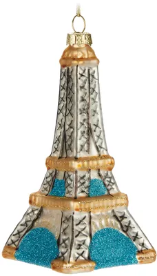 Image de BRUBAKER Tour Eiffel - Boule de Noël en verre peinte à la main - 14 cm Boule d'arbre Paris Décoration - Blanc, or et bleu - Décorations de Noël soufflées à la bouche