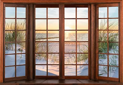 Produktbild von Vlies Fototapete Fenster Strand 3D 254cmx184cm inkl. Kleister Fensterblick Nordsee Natur Ausblick Meer Sand Sonne Sonnenuntergang Wohnzimmer Schlafzimmer Tapete Wandtapete Motivtapete
