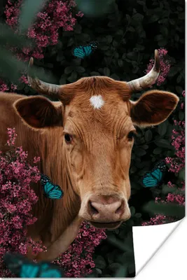 Produktbild von MuchoWow® Poster Kuh - Blumen - Schmetterlinge - Porträt 80x120 cm - Papierdruck