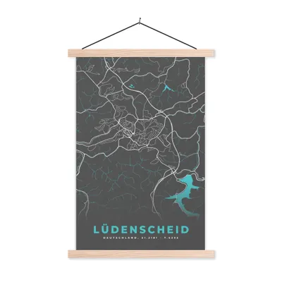 Produktbild von MuchoWow® Textilposter Blau - Deutschland - Karte - Stadtplan - Lüdenscheid 120x180 cm mit holzfarbenen Rahmen - Textil-Plakat