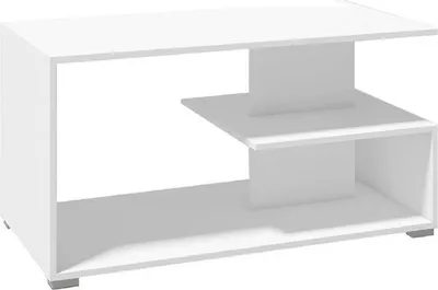 A white modern coffee table with multiple shelves and compartments, shown from a slight angle against a white background.