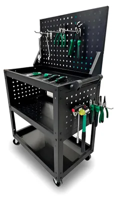Produktbild von Werkzeugwagen mit 3 Ebenen, Metalllochwand, mobiler Montagewagen mit Rädern für Garage und Werkstatt