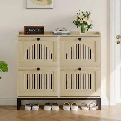 Immagine prodotto di Scarpiera con 4 ante a ribalta - Scarpiera indipendente - Ripiani regolabili - Vano portaoggetti nascosto nell'ingresso - MDF moderno - Colore naturale