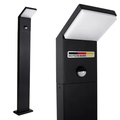 A black LED outdoor standing lamp with a motion sensor and a German brand logo.