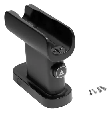 A black vacuum cleaner wall mount and screws are shown against a white background.