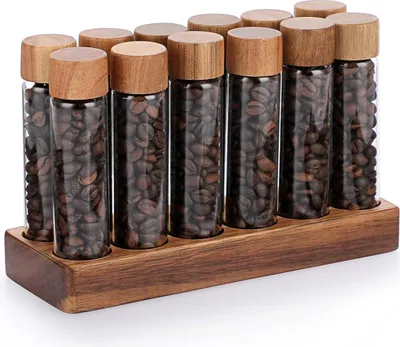 Produktbild von 12-teiliges Kaffeebohnen Glas Röhrchen Set mit Holzdeckel & Ständer, luftdicht, 2 oz, dekorativ & platzsparend, für Kaffee, Tee & Gewürze