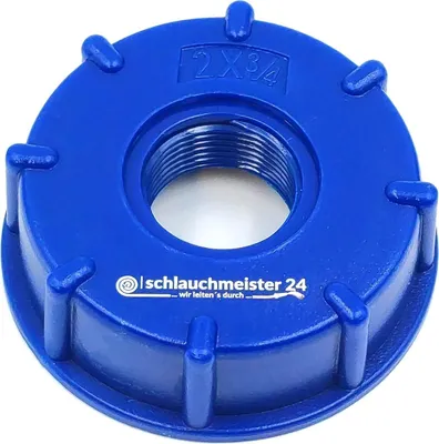 A blue plastic adapter with threaded opening and external lugs.