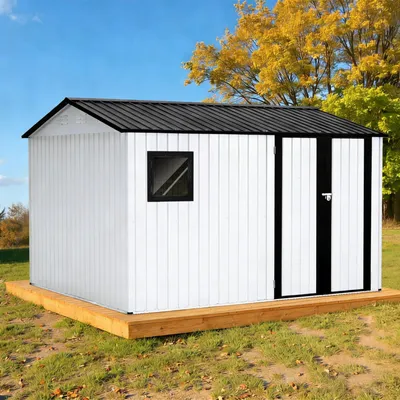 Produktbild von HOMAVO Gerätehaus Metall mit Pultdach, Gartenhaus Metall mit Fundament, 323.2× 246 × 202 cm, ideal für Garten, Terrasse oder Rasen