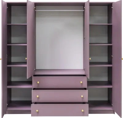 An open wardrobe with shelves and drawers.