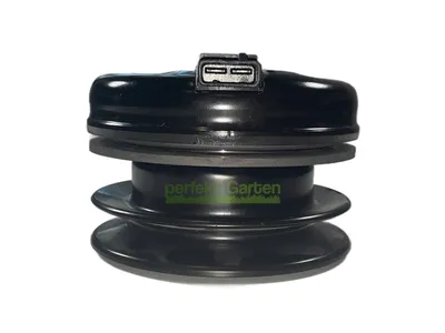A black electromagnetic clutch for a lawn tractor, shown against a white background.
