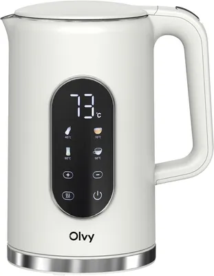 Zdjęcie produktu dla Czajnik elektryczny Olvy w kolorze kremowym, pojemność 1,7 l – wyświetlacz LCD, moc 2200 W, bez BPA, funkcja utrzymywania ciepła, filtr przeciwkamienny, regulacja temperatury w zakresie 40–100°C, stal nierdzewna