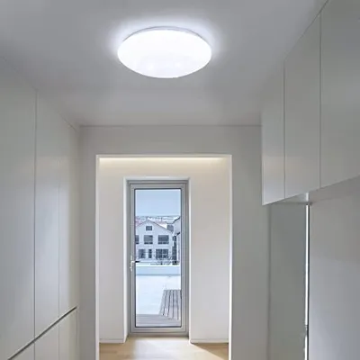 A modern hallway with a ceiling light and a glass door leading outside.