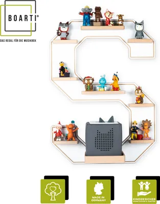 Produktbild von BOARTI Kinderregal Buchstabe S | hängend für Toniebox und Tonie Figuren | platzsparendes Regal | H. 54 x B. 40 x T. 19 cm | Wandregal Musikbox Figuren Aufbewahrung Magneteinsätzen | Aufbewahrungsregal Holz