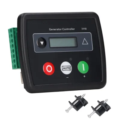 A generator controller module with buttons and a display screen, shown on a white background with some mounting hardware.