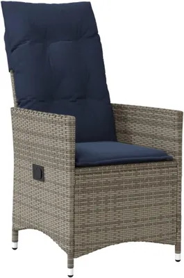 Produktbild von Garten- und Balkonstuhl aus grauem Poly-Rattan mit Kissen und verstellbarer Rückenlehne