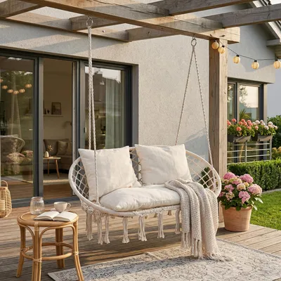 Produktbild von Hängesessel 'Kailua' mit Kissen für 2 Personen 135 x 129 x 65 cm bis 200 kg Indoor Outdoor Boho Stil Cremeweiß
