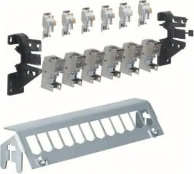 A collection of electrical components, including mounting brackets and modular units, arranged on a white background.