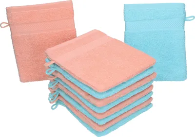 Produktbild von Betz 10 Stück Waschhandschuhe 16x21 cm PALERMO 100% Baumwolle  Farbe: türkis / apricot