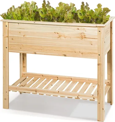 Immagine prodotto di Aiuola rialzata in legno, aiuola con ripiano interno, aiuola con ampia superficie di coltivazione, fioriera per ortaggi, frutta ed erbe aromatiche, aiuola da semina per giardino, balcone e terrazza (92 × 41 × 81 cm)