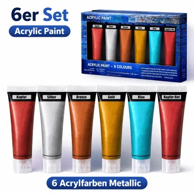 Produktbild von Acrylfarbe 6 Stück Malfarbe Künstlerfarbe Acrylfarben Tuben Farben Bunt Metallic