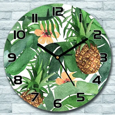Produktbild von Wanduhr aus Glas Rund fi 30 Tropische Blätter & Ananas Deko Wohnzimmer Büro
