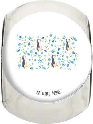 Produktbild von Mr. & Mrs. Panda Bonboniere Pinguinliebe Design XL 2000ml - Weiß - Geschenk, Blaue Blumen, Pinguin, Vorratsglas, Aquarell, Kaffeedose, Bonbonglas, Teedose, glasbehälter